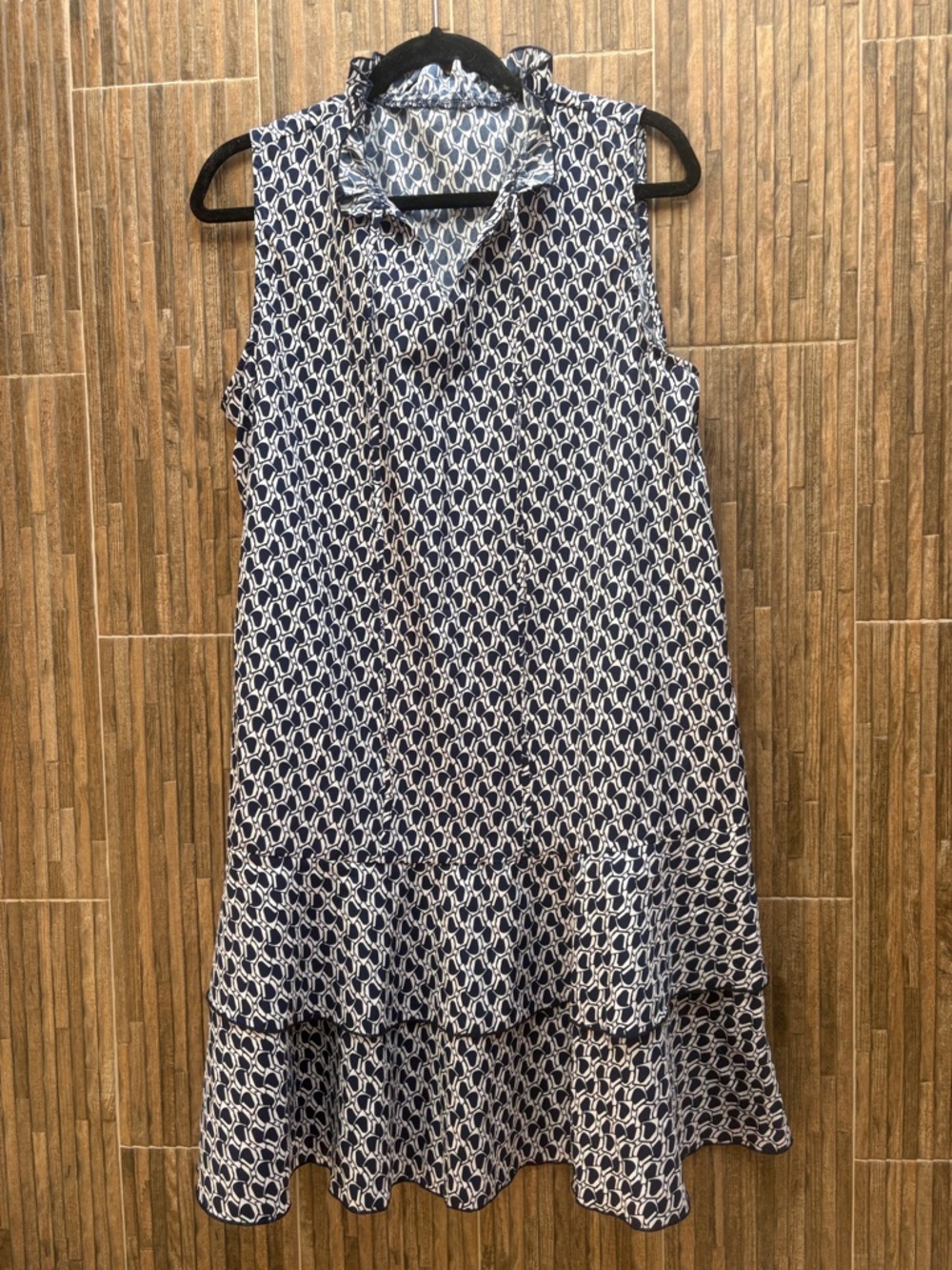 Sleeveless Navy & White Printed Ruffle Hem Dress